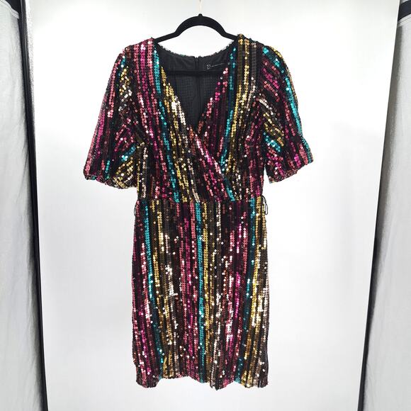 NWT New York & Company Dress S Full Sequin Surplice Flutter Sleeve Party Rainbow - Picture 1 of 9